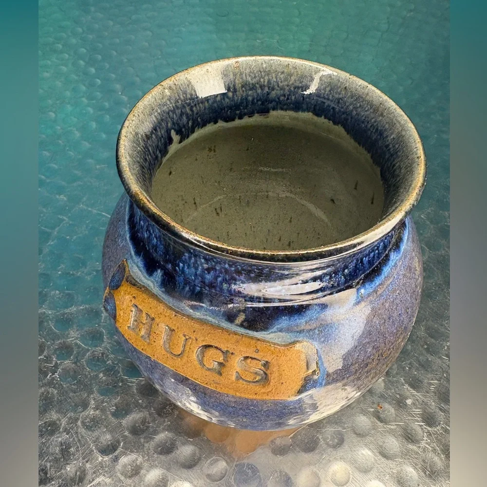 Handmade Blue Ceramic HUGS Jar with Cork Lid
